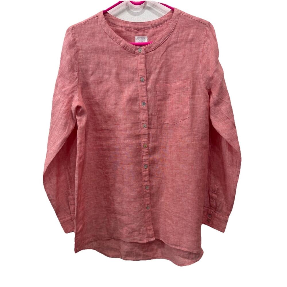 Sigrid Olsen Womens Small Linen Tunic Shirt Pink Peach Button Down LS Coastal